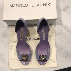 Manolo Blahnik patent  lilac open-toe heel 3 1/2”